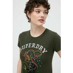 Bombažna kratka majica Superdry ženski, zelena barva - zelena. Kratka majica iz kolekcije Superdry, izdelana iz tanke, elastične pletenine. Model iz mehke in na otip prijetne tkanine.