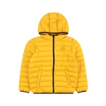 Otroška jakna United Colors of Benetton rumena barva - rumena. Otroški jakna iz kolekcije United Colors of Benetton. Delno podložen model, izdelan iz prešitega materiala. Vgrajena kapuca poveča zaščito pred mrazom in vetrom.