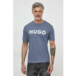 Bombažna kratka majica HUGO moški - modra. Lahkotna kratka majica iz kolekcije HUGO, izdelana iz pletenine, prijetne na otip. Model iz izjemno udobne, zračne tkanine.