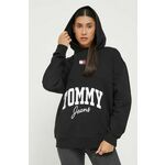 Bombažen pulover Tommy Jeans ženska, črna barva, s kapuco - črna. Pulover s kapuco iz kolekcije Tommy Jeans, izdelan iz elastične pletenine. Model iz izjemno udobne bombažne tkanine.