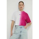 Bombažna kratka majica Karl Lagerfeld Jeans ženski, roza barva - roza. Lahkotna kratka majica iz kolekcije Karl Lagerfeld Jeans, izdelana iz pletenine, prijetne na otip. Model iz visokokakovostnega in trajnostnega materiala.