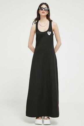 Obleka iz mešanice lana Love Moschino črna barva - črna. Obleka iz kolekcije Love Moschino. Model izdelan iz enobarvne tkanine. Lahkoten in prijeten material