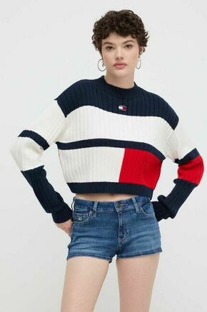 Bombažen pulover Tommy Jeans bež barva - bež. Pulover iz kolekcije Tommy Jeans. Model izdelan iz vzorčaste pletenine. Model iz izjemno udobne bombažne tkanine.