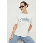 Bombažna kratka majica Tommy Jeans ženski, bež barva - bež. Kratka majica iz kolekcije Tommy Jeans, izdelana iz pletenine s potiskom. Model iz zračne bombažne tkanine.