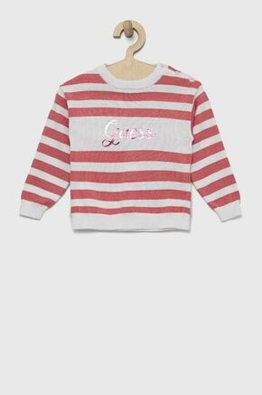 Otroški pulover Guess roza barva - roza. Otroški Pulover iz kolekcije Guess. Model z okroglim izrezom
