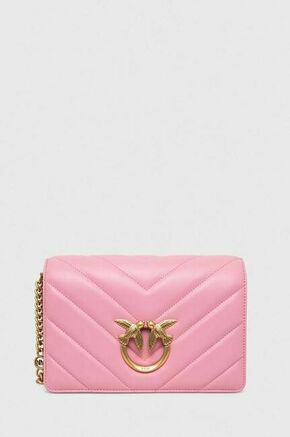 Usnjena torbica Pinko siva barva - roza. Srednje velika torbica iz kolekcije Pinko. Model na zapenjanje