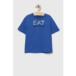 Otroška bombažna kratka majica EA7 Emporio Armani - modra. Otroške lahkotna kratka majica iz kolekcije EA7 Emporio Armani, izdelana iz pletenine, prijetne na optip. Model iz izjemno udobne bombažne tkanine.