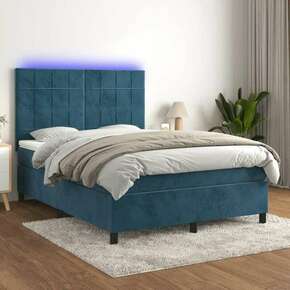 Shumee Box spring postelja z vzmetnico LED temno modra 140x200cm žamet