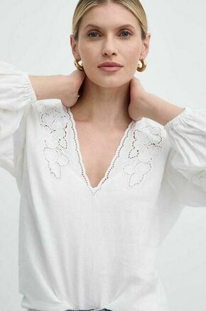Lanena bluza Twinset bela barva - bela. Bluza iz kolekcije Twinset izdelana iz lahkega blaga. Model iz zračne lanene tkanine.