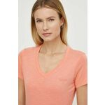 Kratka majica Guess ženski, oranžna barva - oranžna. Kratka majica iz kolekcije Guess, izdelana iz tanke, zelo elastične pletenine. Zaradi vsebnosti modala je pletenina mehka na otip in ima za kožo prijetno teksturo.