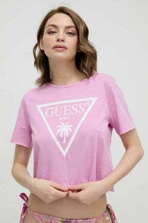 Bombažna kratka majica Guess vijolična barva - roza. Kratka majica iz kolekcije Guess. Model izdelan iz tanke