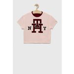 Dvostranski bombažen t-shirt Tommy Hilfiger roza barva - roza. Otroške Ohlapna kratka majica iz kolekcije Tommy Hilfiger. Model izdelan iz pletenine, prijetne na optip. Model iz izjemno udobne bombažne tkanine.