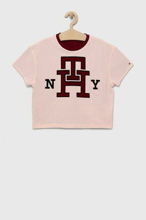 Dvostranski bombažen t-shirt Tommy Hilfiger roza barva - roza. Otroške Ohlapna kratka majica iz kolekcije Tommy Hilfiger. Model izdelan iz pletenine