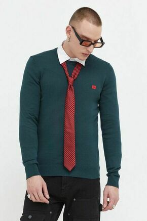 Bombažen pulover HUGO črna barva - zelena. Pulover iz kolekcije HUGO. Model z okroglim izrezom