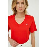 Bombažna kratka majica Calvin Klein Jeans ženski, rdeča barva - rdeča. Kratka majica iz kolekcije Calvin Klein Jeans, izdelana iz enobarvne pletenine. Model iz izjemno udobne bombažne tkanine.