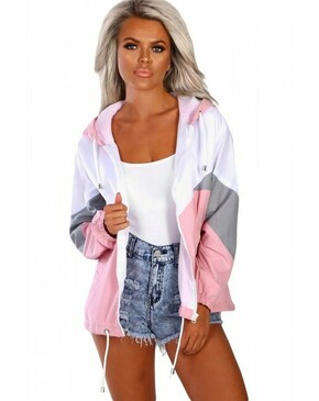 Pink Hooded Triple Color Block Sporty Jacket 32316
