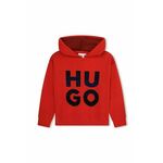 Otroški pulover HUGO rdeča barva, s kapuco - rdeča. Otroški pulover s kapuco iz kolekcije HUGO. Model izdelan iz pletenine s potiskom.