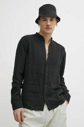 Lanena srajca HUGO črna barva - črna. Srajca iz kolekcije HUGO. Model izdelan iz enobarvne tkanine. Ima stoječi ovratnik. Izjemno zračen