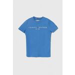 Otroška bombažna kratka majica Tommy Hilfiger - modra. Otroške lahkotna kratka majica iz kolekcije Tommy Hilfiger. Model izdelan iz visokokakovostnega materiala, ki je bil trajnostno proizveden. Model iz izjemno udobne bombažne tkanine.