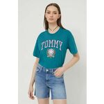 Bombažna kratka majica Tommy Jeans ženski, zelena barva - zelena. Kratka majica iz kolekcije Tommy Jeans, izdelana iz pletenine s potiskom. Model iz zračne bombažne tkanine.