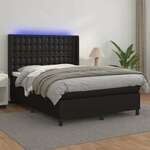 vidaXL Box spring postelja z vzmetnico LED črna 140x200 cm um. usnje