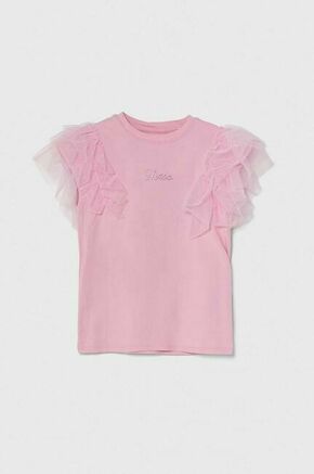 Otroška kratka majica Guess roza barva - roza. Otroške kratka majica iz kolekcije Guess. Model izdelan iz pletenine z nalepko. Model iz zračne tkanine z visoko vsebnostjo bombaža.