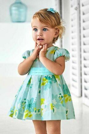 Lanena obleka za dojenčke Mayoral turkizna barva - turkizna. Za dojenčke obleka iz kolekcije Mayoral. Model izdelan iz vzorčaste tkanine.