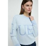 Bombažen pulover Guess ženska - modra. Pulover iz kolekcije Guess, izdelan iz pletenine z nalepko. Model iz izjemno udobne bombažne tkanine.