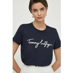 Bombažna kratka majica Tommy Hilfiger ženski, mornarsko modra barva - mornarsko modra. Kratka majica iz kolekcije Tommy Hilfiger, izdelana iz pletenine s potiskom. Model iz izjemno udobne bombažne tkanine.
