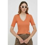 Kratka majica Calvin Klein Jeans ženski, oranžna barva - oranžna. Kratka majica iz kolekcije Calvin Klein Jeans, izdelana iz elastične pletenine. Model iz izjemno udobne tkanine z visoko vsebnostjo bombaža.