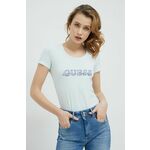 Kratka majica Guess ženski - modra. Kratka majica iz kolekcije Guess. Model izdelan iz tanke, elastične pletenine.
