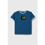 Otroška bombažna kratka majica United Colors of Benetton - modra. Otroške kratka majica iz kolekcije United Colors of Benetton, izdelana iz pletenine z nalepko. Model iz zračne bombažne tkanine.