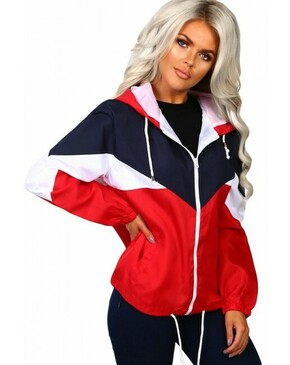 Red Hooded Triple Color Block Sporty Jacket 32317