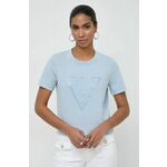 Bombažna kratka majica Guess ženski - modra. Kratka majica iz kolekcije Guess, izdelana iz tanke, elastične pletenine. Model iz zračne bombažne tkanine.