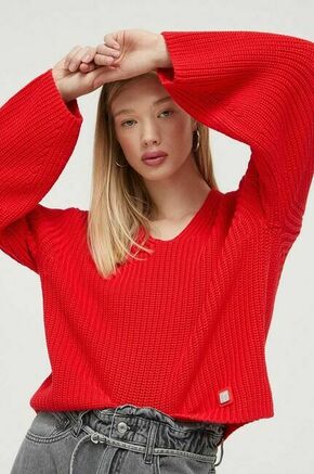 Bombažen pulover HUGO rdeča barva - rdeča. Pulover iz kolekcije HUGO. Model izdelan iz debele pletenine. Model iz izjemno udobne bombažne tkanine.