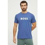 Bombažna kratka majica BOSS moški - modra. Kratka majica iz kolekcije BOSS, izdelana iz pletenine s potiskom. Model iz zračne bombažne tkanine.