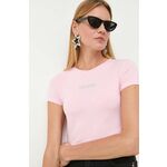 Kratka majica Rotate ženski, roza barva - roza. Kratka majica iz kolekcije Rotate, izdelana iz tanke, elastične pletenine. Model iz tankega materiala je idealen za toplejše letne čase.
