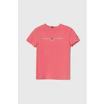 Otroška bombažna kratka majica Tommy Hilfiger roza barva - roza. Otroške lahkotna kratka majica iz kolekcije Tommy Hilfiger. Model izdelan iz pletenine, prijetne na otip. Model iz izjemno udobne bombažne tkanine.