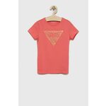 Otroška kratka majica Guess roza barva - roza. Otroški kratka majica iz kolekcije Guess. Model izdelan iz elastične pletenine.