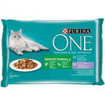 Purina ONE Indor vrečke za mačke, mini fileji s tuno in stročjim fižolom ter s teletino in korenjem v soku, 24x 85 g