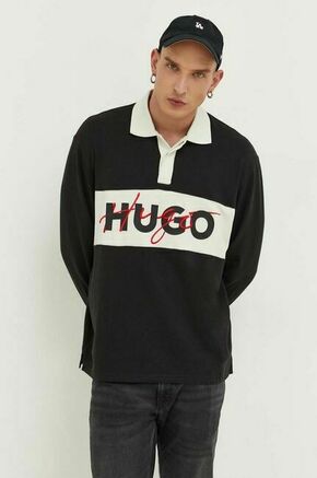 Bombažna majica z dolgimi rokavi HUGO črna barva - črna. Majica z dolgimi rokavi iz kolekcije HUGO. Model izdelan iz pletenine