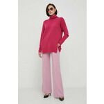 Volnen pulover United Colors of Benetton ženski, roza barva - roza. Pulover iz kolekcije United Colors of Benetton. Model izdelan iz enobarvne pletenine. Visoka vsebnost volne zagotavlja zaščito pred mrazom, dodatek poliamida pa povečuje...