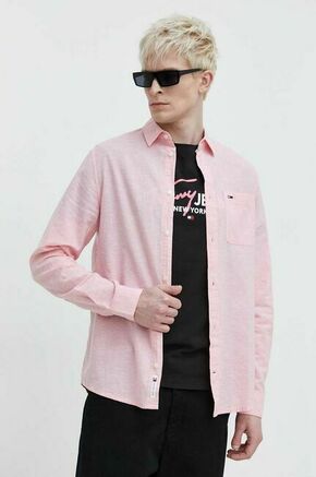 Srajca s primesjo lanu Tommy Jeans roza barva - roza. Srajca iz kolekcije Tommy Jeans