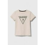 Otroška kratka majica Guess bež barva - bež. Otroške kratka majica iz kolekcije Guess, izdelana iz tanke, elastične pletenine. Model iz izjemno udobne, zračne tkanine z visoko vsebnostjo bombaža.