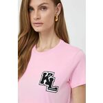 Bombažna kratka majica Karl Lagerfeld ženski, roza barva - roza. Kratka majica iz kolekcije Karl Lagerfeld, izdelana iz visokokakovostne pletenine, ki je bila izdelana na trajnostni način. Model iz izjemno udobne bombažne tkanine.