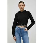 Pulover Calvin Klein Jeans ženska, črna barva, s kapuco - črna. Pulover s kapuco iz kolekcije Calvin Klein Jeans, izdelan iz elastične pletenine. Model iz izjemno udobne tkanine z visoko vsebnostjo viskoze.