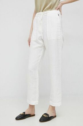 Lanene hlače Tommy Hilfiger bela barva - bela. Hlače iz kolekcije Tommy Hilfiger. Model izdelan iz enobarvne tkanine. Izjemno udoben