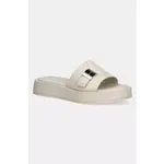 Usnjeni natikači Calvin Klein FLATFORM SLIDE W/CK HW - LTH - bež. Natikači iz kolekcije Calvin Klein. Model je izdelan iz naravnega usnja. Model z mehkim, oblikovanim vložkom zagotavlja udobje.