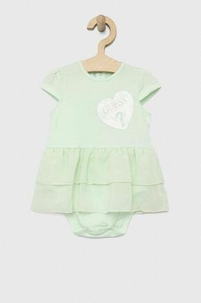 Obleka za dojenčka Guess turkizna barva - turkizna. Lahkotna obleka iz kolekcije Guess. Nabran model izdelan iz kombinacija dveh različnih materialov. Izjemno udoben material.