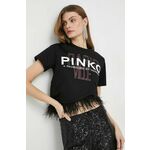 Bombažna kratka majica Pinko ženski, črna barva - črna. Ohlapna kratka majica iz kolekcije Pinko, izdelana iz tanke, elastične pletenine. Model iz izjemno udobne bombažne tkanine.